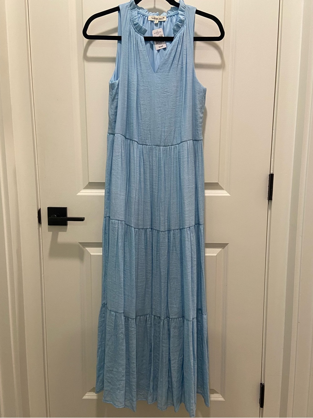 Ruffle Neck Light Blue Tiered Maxi Dress